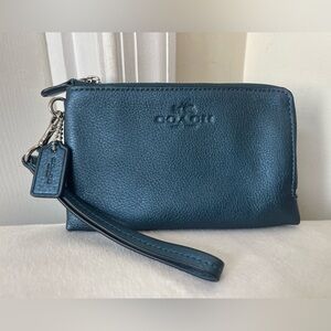 Coach Teal Blue Double Zip Leather Wristlet via